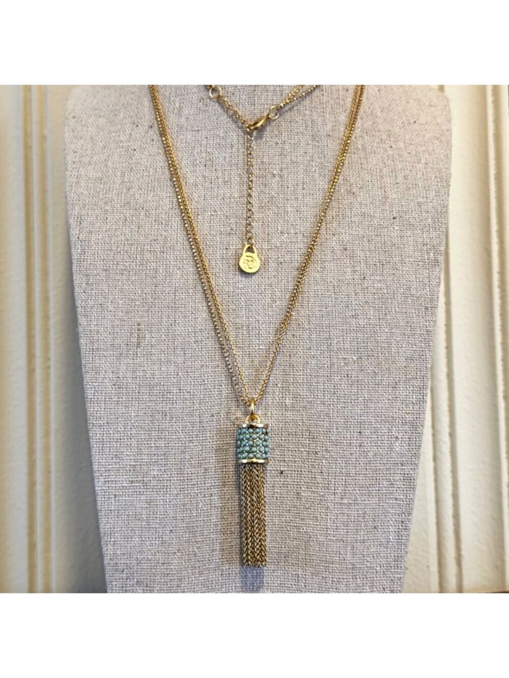 Spartina Barrel Tassel Gold Tone Necklace Blue Stone Accents 30-32" Length